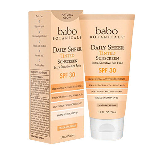 Babo Botanicals Daily Sheer Tinted SPF 30 Sunscreen Natural Glow Extra Sensitive for Face, Fragrance Free, 1.7 Oz